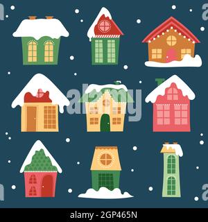 Collezione case invernali. Cartoon casa neve e cottage rurali set. Edifici innevati in design piano. Illustrazione Vettoriale