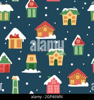 Modello senza soluzione di continuità con una decorazione case colorate in inverno. Natale e Anno Nuovo vacanze Città sfondo infinito. Illustrazione Vettoriale