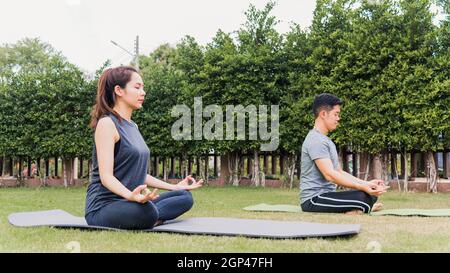 L'uomo e la donna asiatici che praticano lo yoga all'aperto in posizione meditate seduta su erba verde. Giovane coppia che si estende nella natura un campo giardino parco. Med Foto Stock