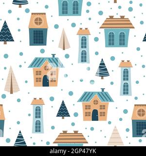 Perfetto schema urbano invernale. Cartoon case colorate di diverse dimensioni - design senza fine per imballaggio o tessuto Illustrazione Vettoriale