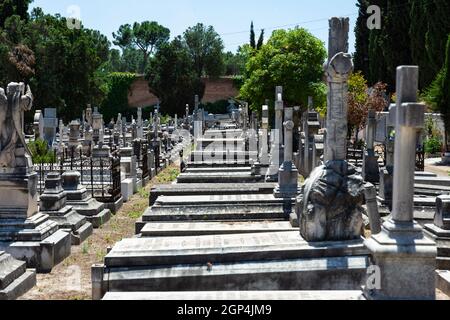 Madrid, Spagna; 6 giugno 2021: Fila di lapidi con un muro e cipressi sullo sfondo del vecchio cimitero di San Isidro a Madrid, Spagna. Co Foto Stock