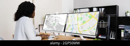 Mappa del terreno del tracciato catastre. Progetto di costruzione su computer Foto Stock