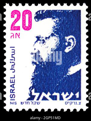 MOSCA, RUSSIA - 5 AGOSTO 2021: Francobollo stampato in Israele mostra Theodor Zeev Herzl (1860-1904), serie, circa 1989 Foto Stock