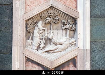 Creazione di Eva da Andrea Pisano, 1334-36., Rilievo su Giotto il Campanile della Cattedrale di Santa Maria del Fiore (Duomo di Santa Maria del Fiore), Foto Stock