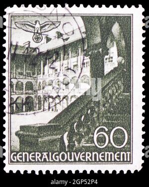 MOSCA, RUSSIA - 5 AGOSTO 2021: Francobollo stampato in Polonia, occupazione tedesca nella seconda Guerra Mondiale, mostra Castello, Krakau, varie viste serie, circa 1940 Foto Stock