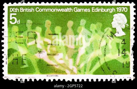 MOSCA, RUSSIA - 5 AGOSTO 2021: Francobollo stampato nel Regno Unito mostra runner, Commonwealth Games - 1970 serie, circa 1970 Foto Stock