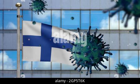 3D, bandiera finlandiana ondeggiare con la città moderna grattacielo e Coronavirus 2019 nCov concetto. Focolaio asiatico in Finlandia, coronavirus influenza come pericolo Foto Stock