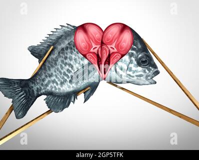 Concetto di amore di sushi e cena a base di pesce fresco per due cene e romantico simbolo di data come un paio di bacchette che tengono frutti di mare a forma di cuore. Foto Stock