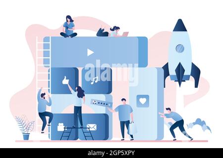 Archivio applicazioni o sviluppo app.background del concetto di avvio.Gruppo di persone interagiscono con parti dell'interfaccia. Caratteri maschili e femminili con Illustrazione Vettoriale