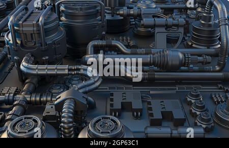 sci-fi sfondo con cavi, tubi e apparecchiature elettroniche in tonalità scure. rendering 3d. Foto Stock