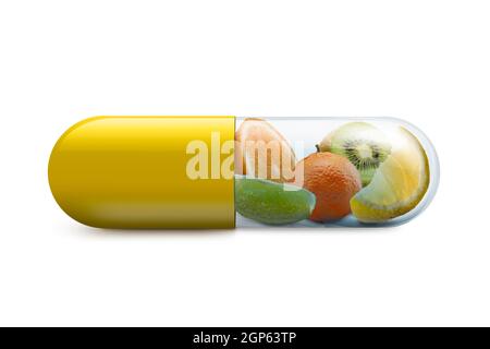 pillola di vitamina c con agrumi all'interno su con sfondo Foto Stock