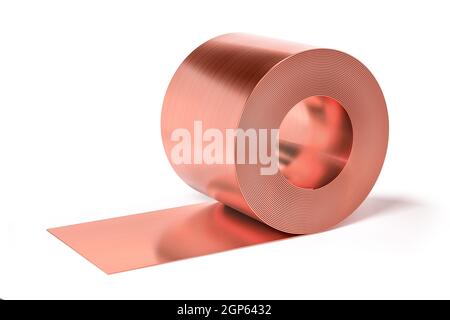 Rotolo aperto di lamiera di rame laminata isolato su sfondo bianco - rendering 3d Foto Stock