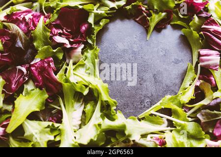 Forma del cuore dal verde e viola foglie di insalata mescolano sfondo. Tavola concreta. Foto di alta qualità Foto Stock