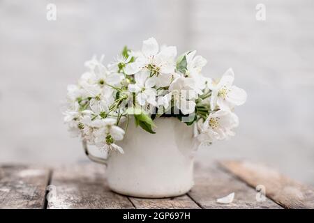 Vita morta con tazza e bouquet di rami con fiori di mela. Petali bianchi di alberi fioriti caduti su cemento. Foto Stock