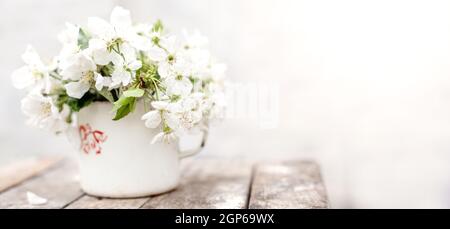 Vita morta con tazza e bouquet di rami con fiori di mela. Petali bianchi di alberi fioriti caduti su cemento. Foto Stock
