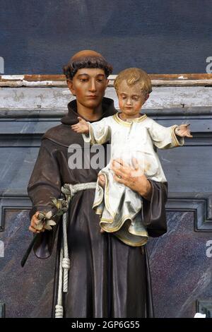 Sant'Antonio custodisce Gesù bambino, statua sull'altare di Sant'Antonio di Padova presso la chiesa di Santa Caterina d'Alessandria a Krapina, Croazia Foto Stock