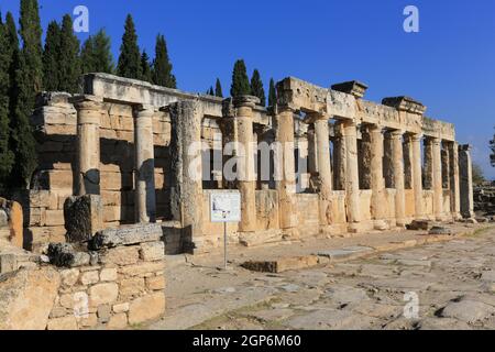 La latrina presso l'antica città termale di Hierapolis risale al 190 a.C. e si trova vicino alle terrazze di travertino di Pamukkale nella Turchia occidentale. Foto Stock