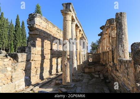 La latrina presso l'antica città termale di Hierapolis risale al 190 a.C. e si trova vicino alle terrazze di travertino di Pamukkale nella Turchia occidentale. Foto Stock