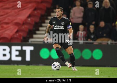 MIDDLESBROUGH, REGNO UNITO. 28 SETTEMBRE lo Sheffield United's Billy Sharp durante la partita di Sky Bet Championship tra Middlesbrough e Sheffield United al Riverside Stadium di Middlesbrough martedì 28 settembre 2021. (Credit: Mark Fletcher | MI News) Credit: MI News & Sport /Alamy Live News Foto Stock