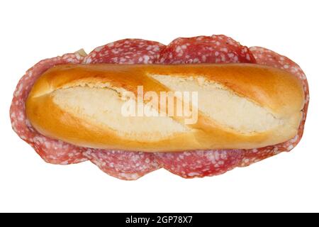 Baguette sub sandwich con prosciutto salame dall'alto isolato sopra uno sfondo bianco Foto Stock