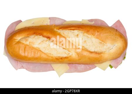 Baguette sub sandwich con prosciutto e formaggio di sopra isolato su sfondo bianco Foto Stock