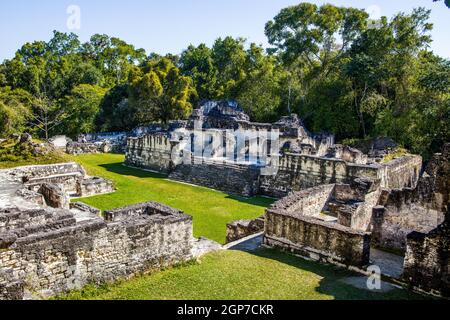 Acropoli centrale, città rovina maya, Tikal, Guatemala Foto Stock