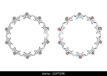 Corona di rose, set di cornici decorative. Fiore di germogli disegnato a mano, foglie, pennellino nero, colorato in blu rosa. Sfondo bianco. Vettore Illustrazione Vettoriale