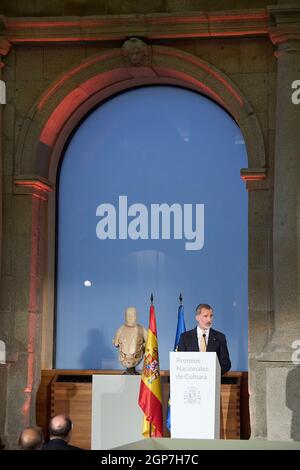 Madrid, Madrid, Spagna. 28 settembre 2021. Re Felipe VI di Spagna partecipa alla consegna dei National Culture Awards 2018 e 2019 al Museo del Prado il 28 settembre 2021 a Madrid, Spagna (Credit Image: © Jack Abuin/ZUMA Press Wire) Foto Stock