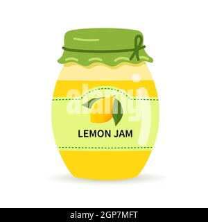 Vasetto di vetro con marmellata di limone fatta in casa. Etichetta con limone su un vaso di confit. Illustrazione Vettoriale
