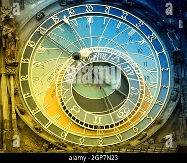 Primo piano dettaglio dell'orologio astronomico boemo con segni zodiacali di sole e luna e figure animate nella città vecchia di Praga, Repubblica Ceca. Foto Stock