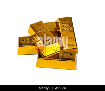 Cinque gold barre isolate su sfondo bianco Foto Stock