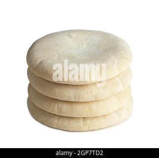 Quattro pagnotte di pane arabo isolati su sfondo bianco. Foto Stock