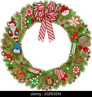 Corona di Natale con caramelle e biscotti Illustrazione Vettoriale