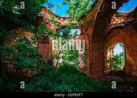 Vecchie antiche rovine abbandonate di mattoni rossi sopravite da piante. Foto Stock