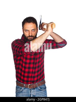 Con Lumberjack plaid shirt su sfondo bianco Foto Stock