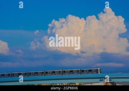 Yurikamome Tokyo Waterfront Area Rapid Transit and thunderhead. Luogo di tiro: Area metropolitana di Tokyo Foto Stock