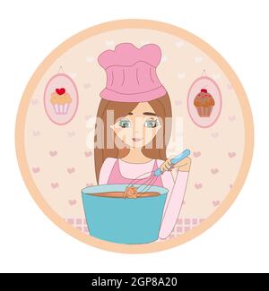 Cartoon di donna sorridente nel mix di cottura della pasta Foto Stock