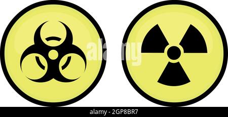 Illustrazione vettoriale di segni radioattivi e di rischio biologico con sfondo circolare giallo e nero Illustrazione Vettoriale