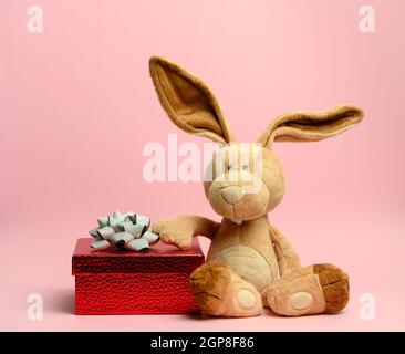 cute peluche coniglio che tiene una scatola regalo rossa, sfondo rosa Foto Stock