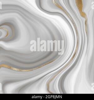Bell'agata di marmo ricci grigio con venature dorate. Astratto marbling agate texture e lucido sfondo curve d'oro. Effetto di marmorizzazione del fluido Foto Stock