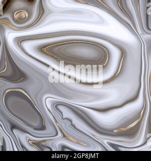 Bell'agata di marmo ricci grigio con venature dorate. Astratto marbling agate texture e lucido sfondo curve d'oro. Effetto di marmorizzazione del fluido Foto Stock