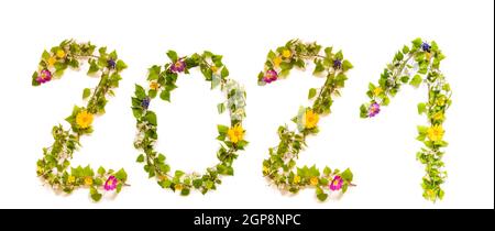 Fiore, rami e Blossom lettera costruire Word 2021. Sfondo bianco isolato Foto Stock