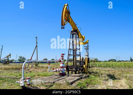 L'unità di pompaggio come la pompa dell'olio installato su un bene. Attrezzature dei giacimenti di petrolio. Foto Stock