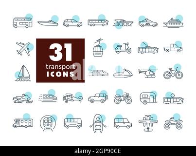 Set di icone piatte vettore di trasporto. Simbolo grafico per siti web di viaggi e turismo e applicazioni design, logo, app, UI Foto Stock