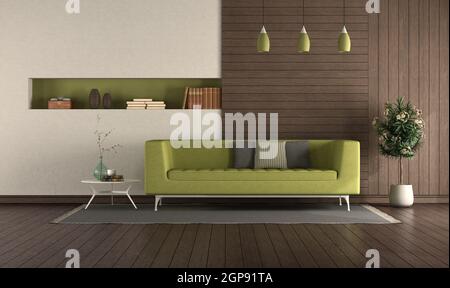 Divano verde in un moderno soggiorno con pannelli in legno e nicchia: rendering 3d Foto Stock