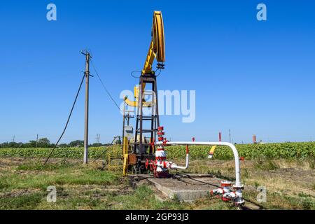 L'unità di pompaggio come la pompa dell'olio installato su un bene. Attrezzature dei giacimenti di petrolio. Foto Stock