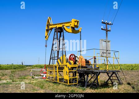 L'unità di pompaggio come la pompa dell'olio installato su un bene. Attrezzature dei giacimenti di petrolio. Foto Stock