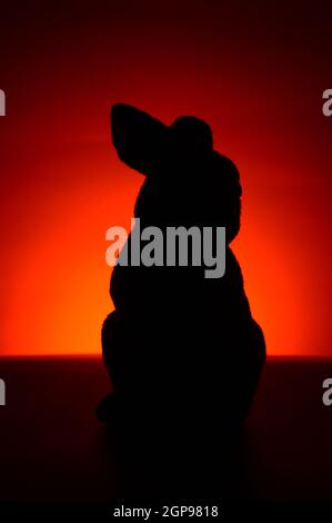 Una silhouette di coniglio furry durante le tonalità rosso e arancione dell'alba. Foto Stock