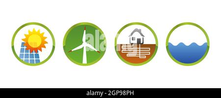 Energia solare energia eolica energia geotermica energia idroelettrica icone verdi . Illustrazione vettoriale Foto Stock