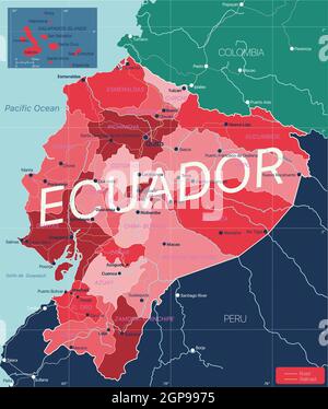 Paese Ecuador Mappa dettagliata modificabile con regioni città e città, strade e ferrovie, siti geografici. File vettoriale EPS-10 Foto Stock